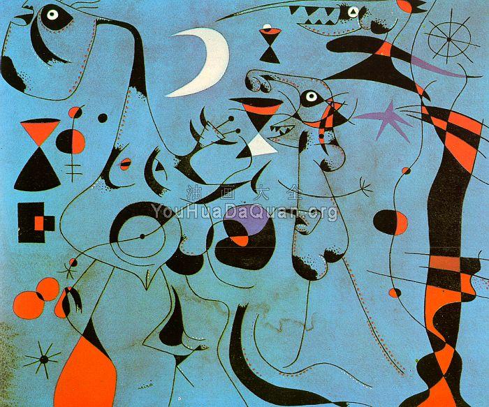 Personages in the Night Guided by the Phosphorescent Tracks of Snails - 琼·米罗